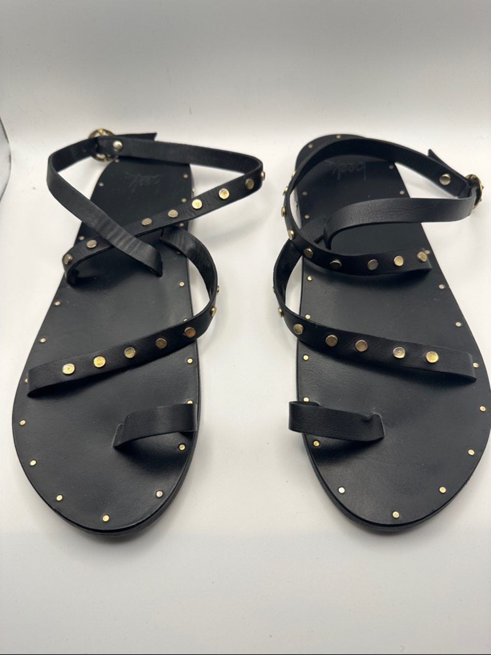 beek Black Leather Gladiator Sandals with Gold Studs
